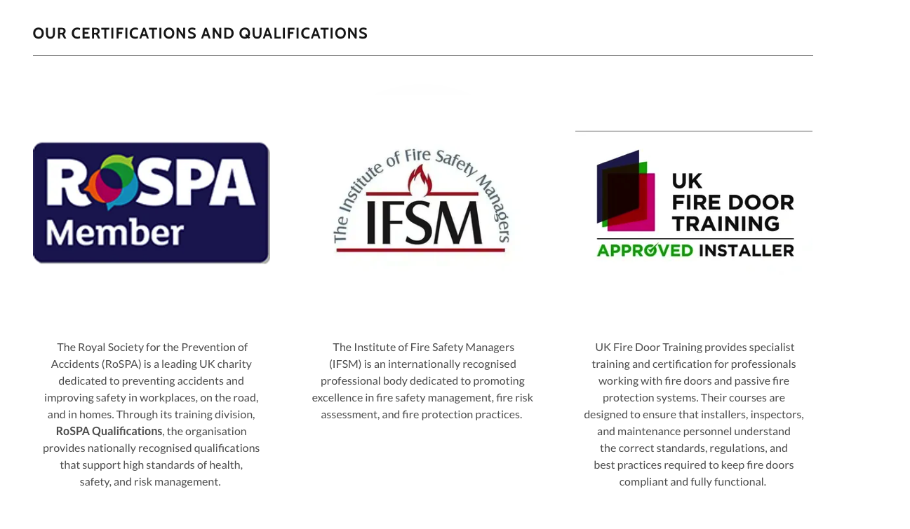 RoSPA Member, Institute of Fire Safety Managers, and UK Fire Door Training Approved Installer qualifications